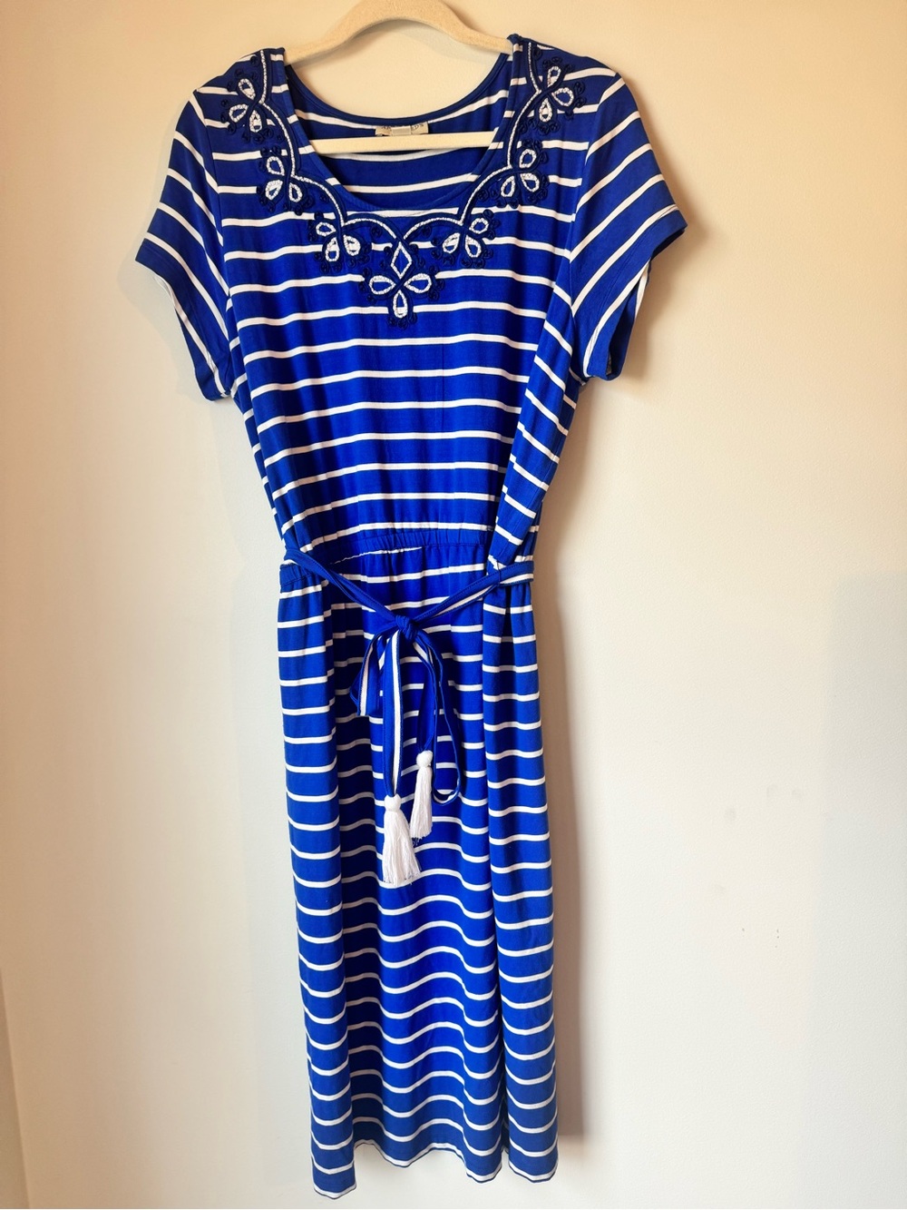 Appleseed's Blue and White Striped Tie-Waist Midi embroidered Dress - Picture 1 of 10